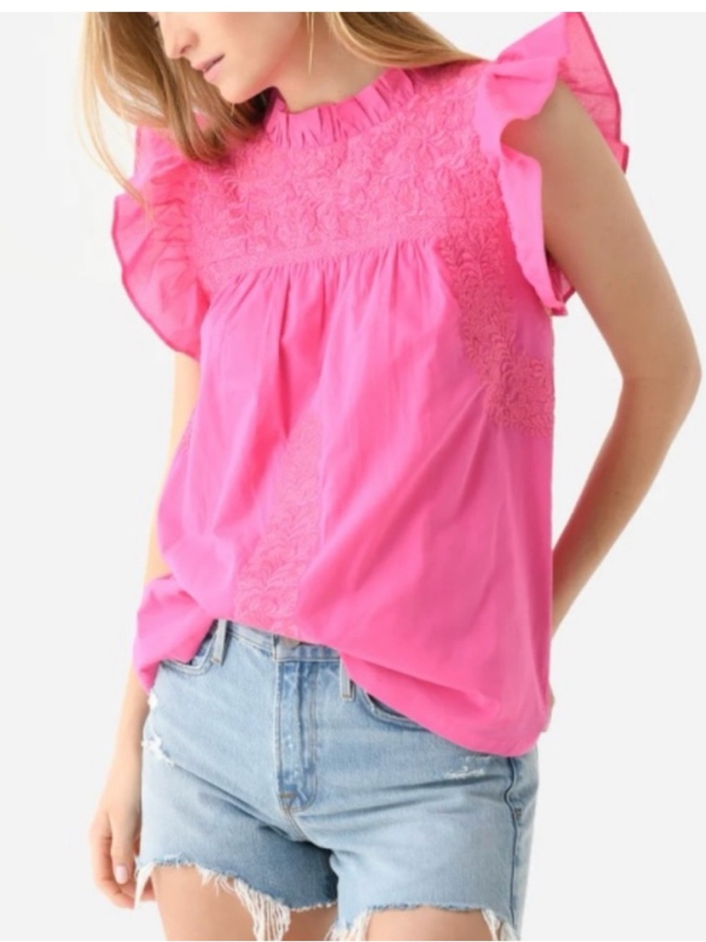 J. Marie Pink Embroidered Flutter Sleeve Top